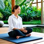 A serene professional adult woman, fully clothed in modest, comfortable wellness attire, gently holding an herbal compress during a self-care moment. She is seated peacefully on a mat in an open-air pavilion. The background features a tranquil, lush tropical garden with a subtle, calming water feature, suggesting a secluded wellness sanctuary far from urban noise. Soft natural light illuminates the scene, enhancing the sense of peace and restoration. Professional photography, high detail, perfect anatomy, correct proportions, natural pose, well-formed hands, proper finger count, natural body proportions, safe for work, appropriate content, fully clothed, professional, modest, family-friendly.
